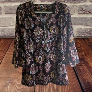 Roz & Ali XL bell sleeve brown and orange polyester blend stretch woman's top